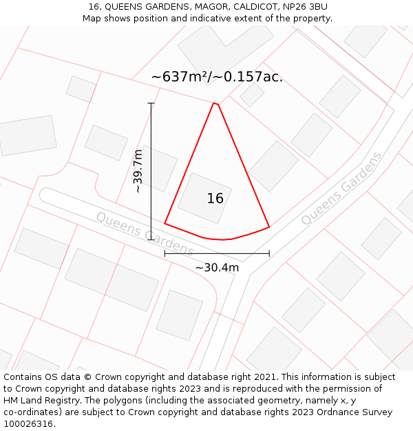 16, QUEENS GARDENS, MAGOR, CALDICOT, NP26 3BU: Plot and title map