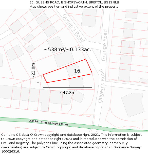 16, QUEENS ROAD, BISHOPSWORTH, BRISTOL, BS13 8LB: Plot and title map