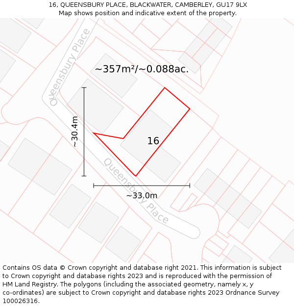 16, QUEENSBURY PLACE, BLACKWATER, CAMBERLEY, GU17 9LX: Plot and title map
