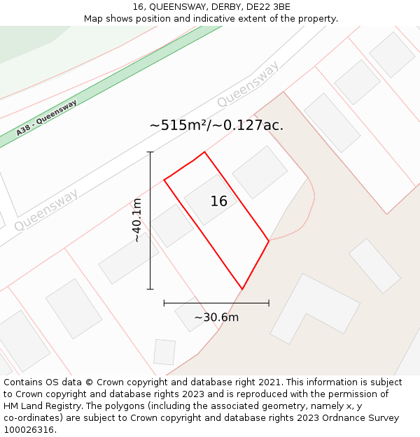 16, QUEENSWAY, DERBY, DE22 3BE: Plot and title map