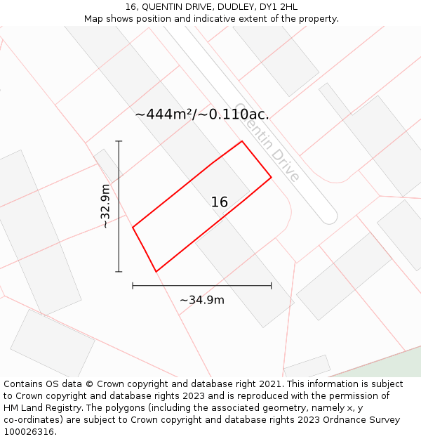 16, QUENTIN DRIVE, DUDLEY, DY1 2HL: Plot and title map