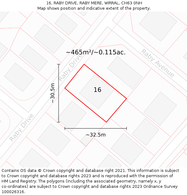 16, RABY DRIVE, RABY MERE, WIRRAL, CH63 0NH: Plot and title map