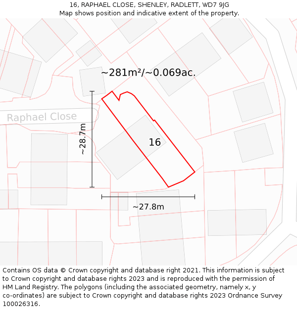 16, RAPHAEL CLOSE, SHENLEY, RADLETT, WD7 9JG: Plot and title map