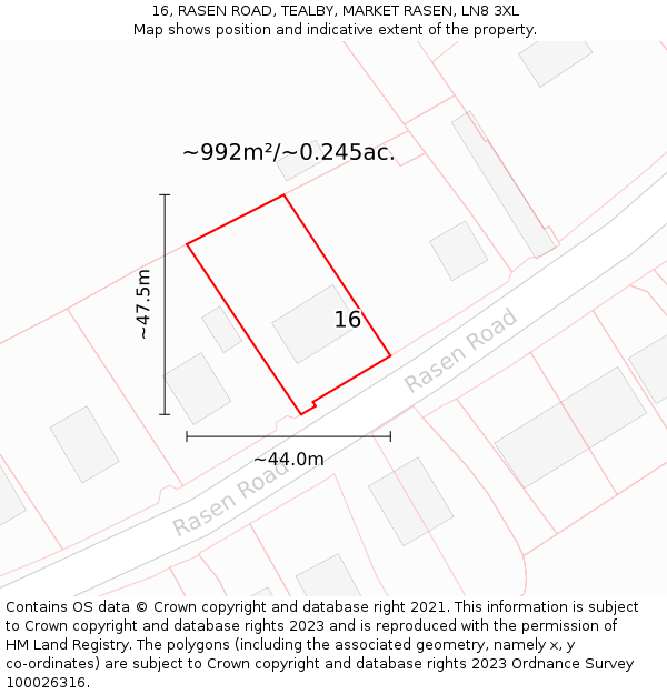 16, RASEN ROAD, TEALBY, MARKET RASEN, LN8 3XL: Plot and title map
