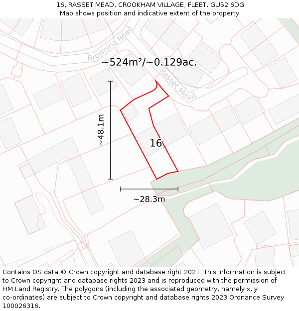 16, RASSET MEAD, CROOKHAM VILLAGE, FLEET, GU52 6DG: Plot and title map