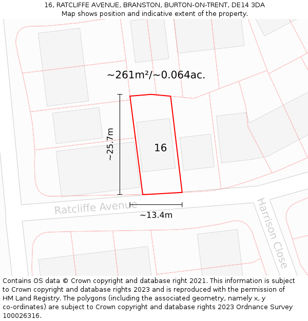 16, RATCLIFFE AVENUE, BRANSTON, BURTON-ON-TRENT, DE14 3DA: Plot and title map