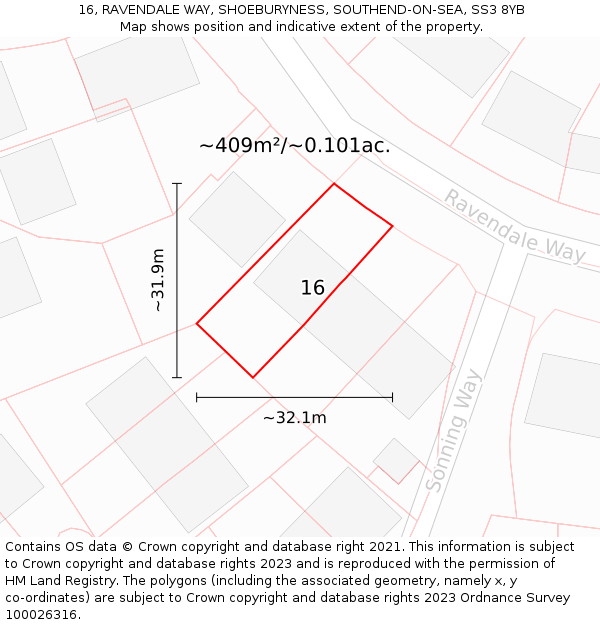 16, RAVENDALE WAY, SHOEBURYNESS, SOUTHEND-ON-SEA, SS3 8YB: Plot and title map