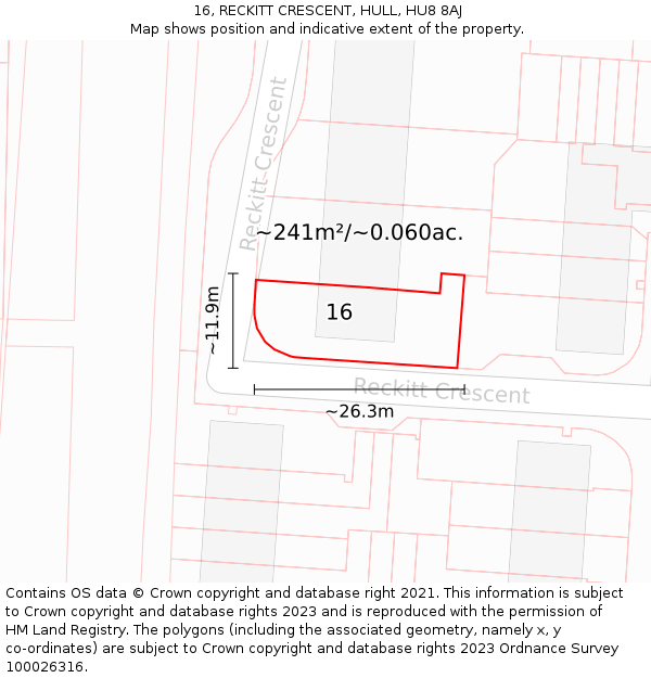 16, RECKITT CRESCENT, HULL, HU8 8AJ: Plot and title map