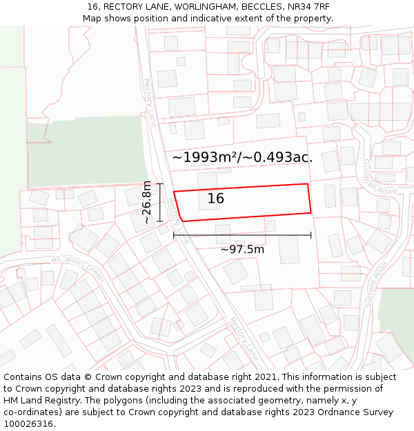 16, RECTORY LANE, WORLINGHAM, BECCLES, NR34 7RF: Plot and title map