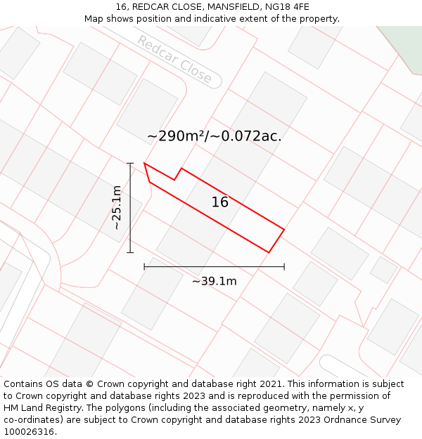 16, REDCAR CLOSE, MANSFIELD, NG18 4FE: Plot and title map