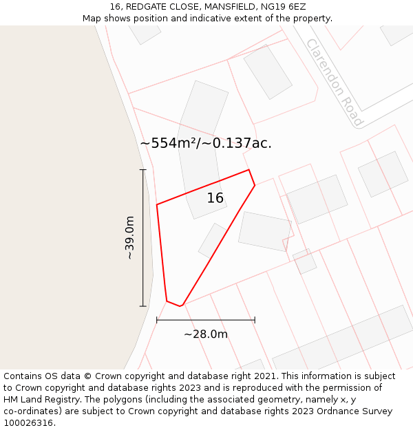 16, REDGATE CLOSE, MANSFIELD, NG19 6EZ: Plot and title map