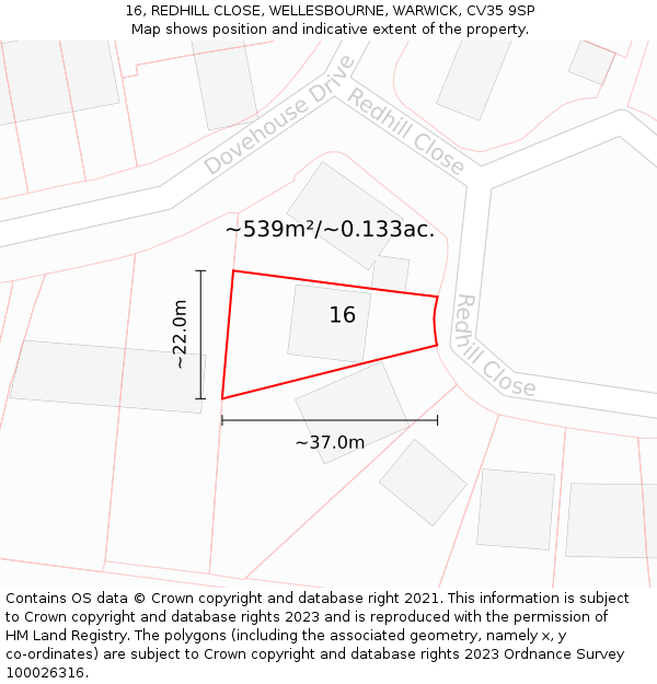 16, REDHILL CLOSE, WELLESBOURNE, WARWICK, CV35 9SP: Plot and title map