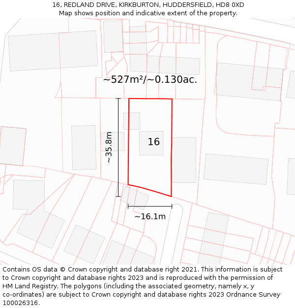 16, REDLAND DRIVE, KIRKBURTON, HUDDERSFIELD, HD8 0XD: Plot and title map