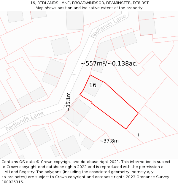 16, REDLANDS LANE, BROADWINDSOR, BEAMINSTER, DT8 3ST: Plot and title map