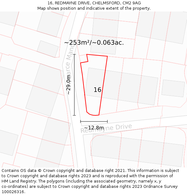 16, REDMAYNE DRIVE, CHELMSFORD, CM2 9AG: Plot and title map
