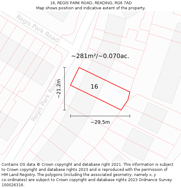 16, REGIS PARK ROAD, READING, RG6 7AD: Plot and title map