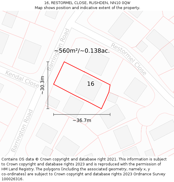 16, RESTORMEL CLOSE, RUSHDEN, NN10 0QW: Plot and title map