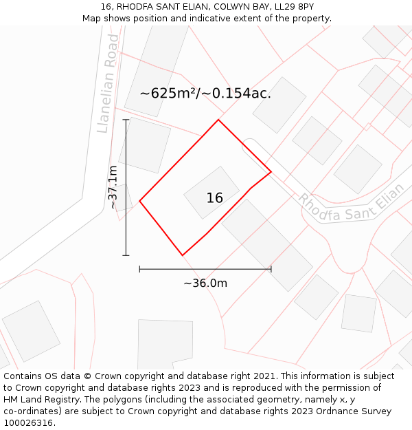 16, RHODFA SANT ELIAN, COLWYN BAY, LL29 8PY: Plot and title map