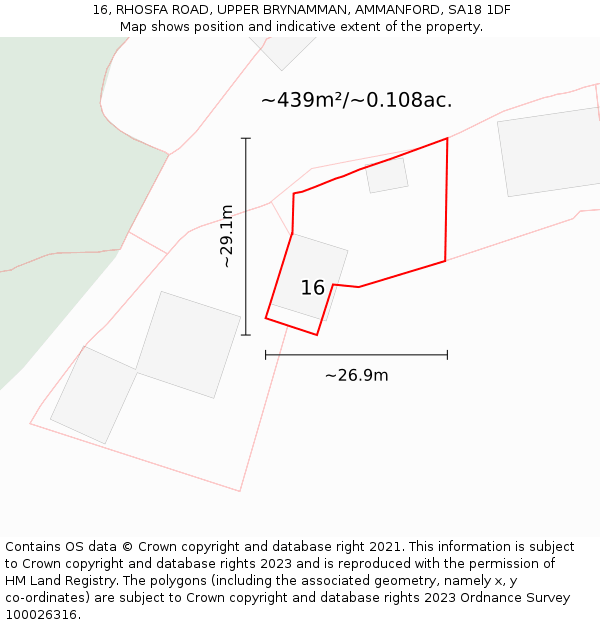 16, RHOSFA ROAD, UPPER BRYNAMMAN, AMMANFORD, SA18 1DF: Plot and title map