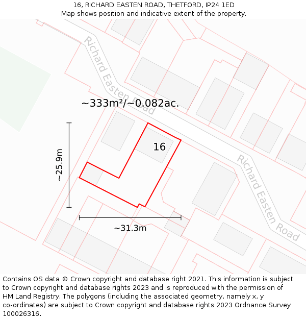 16, RICHARD EASTEN ROAD, THETFORD, IP24 1ED: Plot and title map