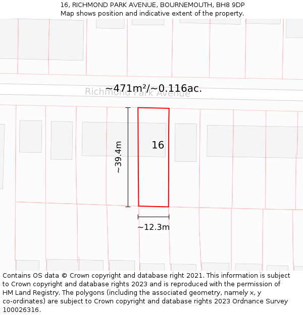 16, RICHMOND PARK AVENUE, BOURNEMOUTH, BH8 9DP: Plot and title map