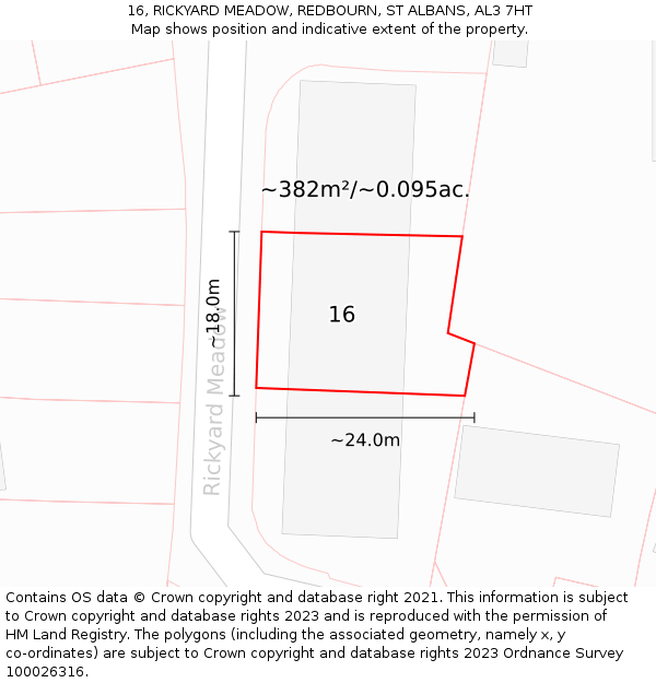 16, RICKYARD MEADOW, REDBOURN, ST ALBANS, AL3 7HT: Plot and title map