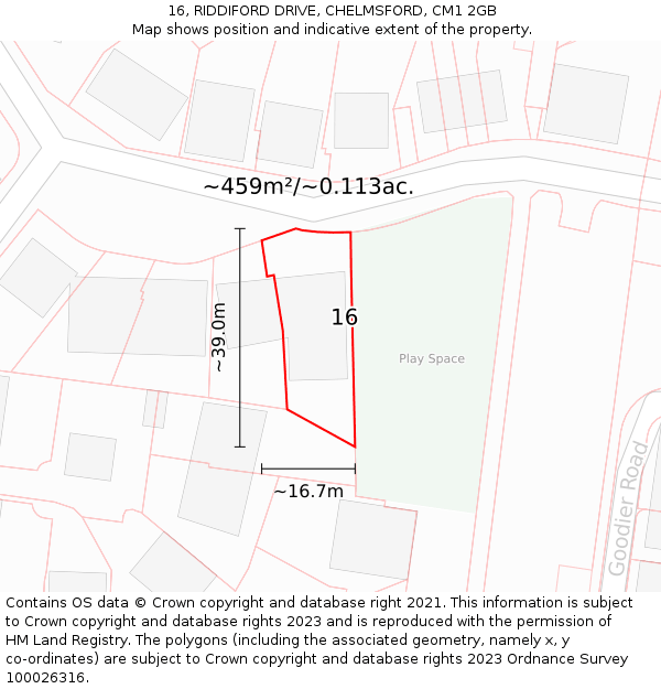 16, RIDDIFORD DRIVE, CHELMSFORD, CM1 2GB: Plot and title map