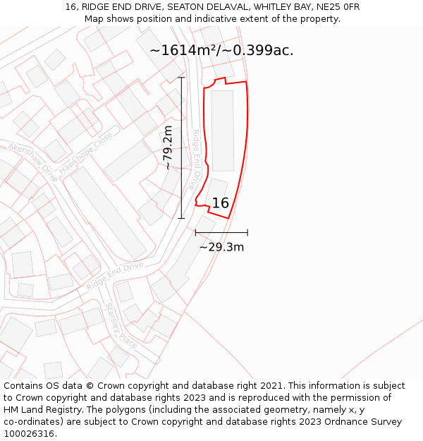 16, RIDGE END DRIVE, SEATON DELAVAL, WHITLEY BAY, NE25 0FR: Plot and title map