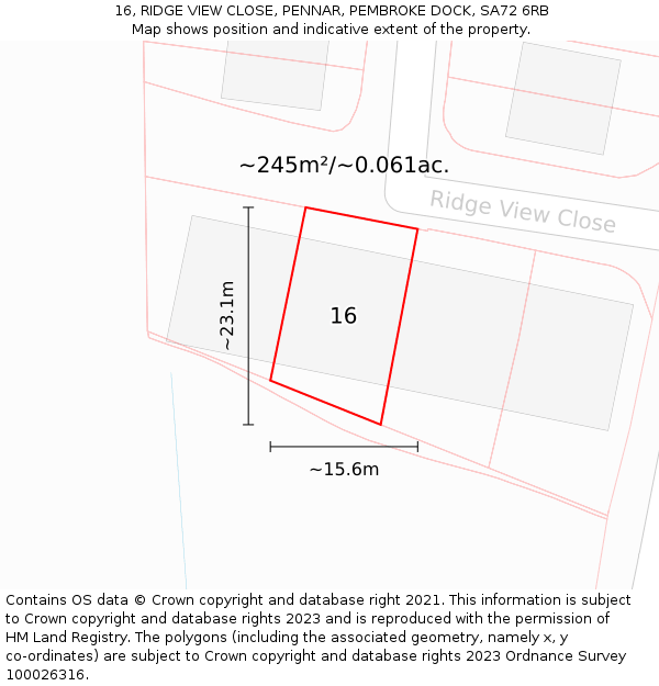 16, RIDGE VIEW CLOSE, PENNAR, PEMBROKE DOCK, SA72 6RB: Plot and title map