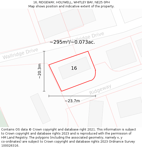 16, RIDGEWAY, HOLYWELL, WHITLEY BAY, NE25 0PH: Plot and title map