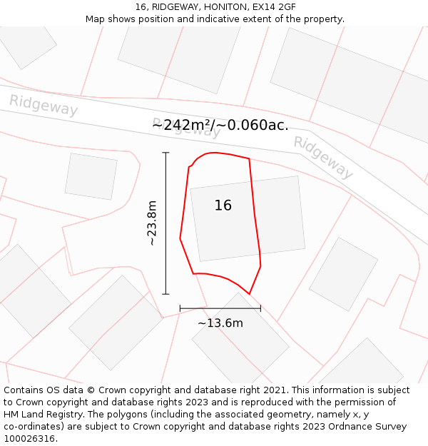 16, RIDGEWAY, HONITON, EX14 2GF: Plot and title map