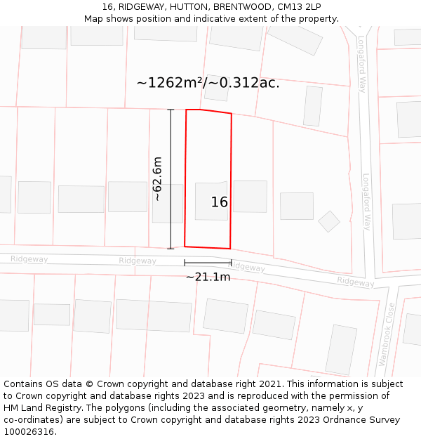 16, RIDGEWAY, HUTTON, BRENTWOOD, CM13 2LP: Plot and title map
