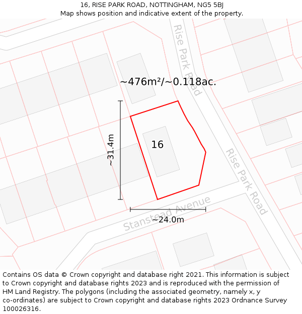 16, RISE PARK ROAD, NOTTINGHAM, NG5 5BJ: Plot and title map
