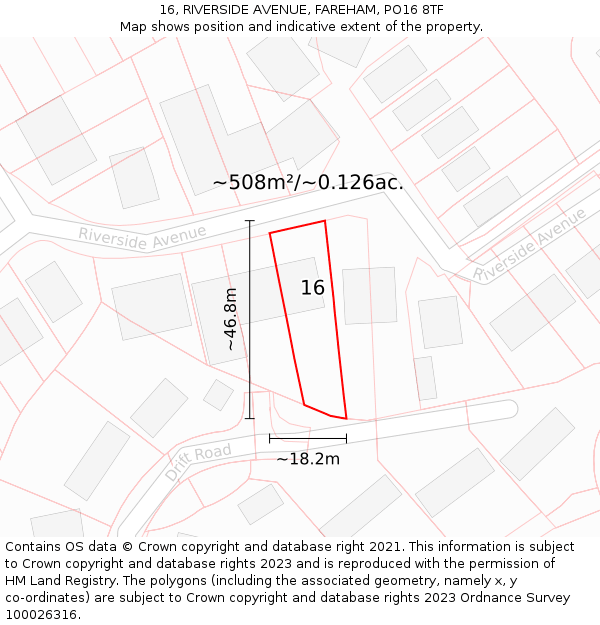 16, RIVERSIDE AVENUE, FAREHAM, PO16 8TF: Plot and title map