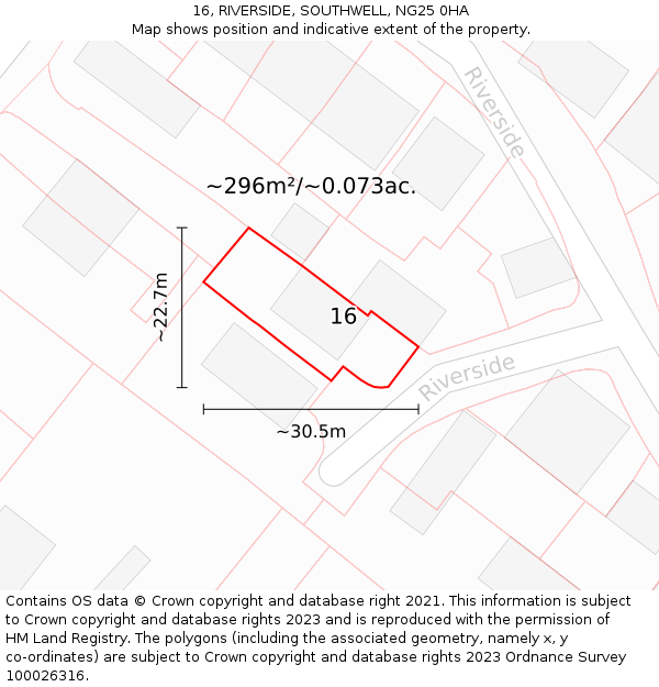 16, RIVERSIDE, SOUTHWELL, NG25 0HA: Plot and title map