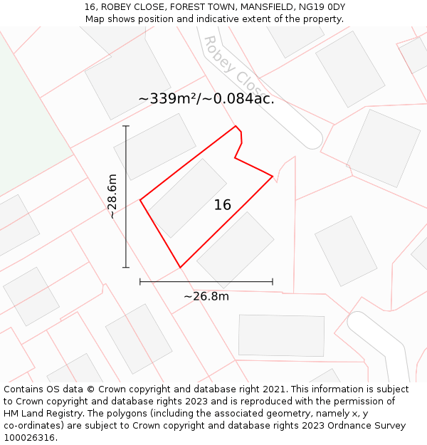 16, ROBEY CLOSE, FOREST TOWN, MANSFIELD, NG19 0DY: Plot and title map