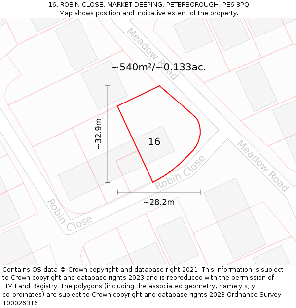 16, ROBIN CLOSE, MARKET DEEPING, PETERBOROUGH, PE6 8PQ: Plot and title map