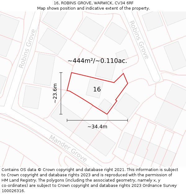 16, ROBINS GROVE, WARWICK, CV34 6RF: Plot and title map