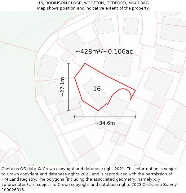16, ROBINSON CLOSE, WOOTTON, BEDFORD, MK43 9AG: Plot and title map