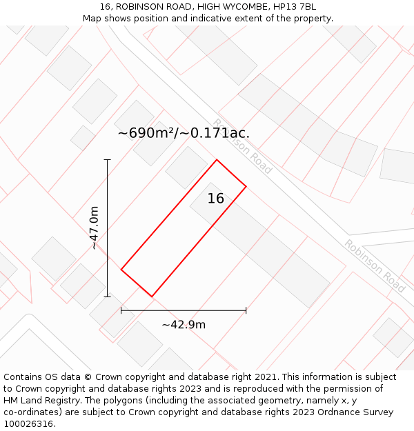 16, ROBINSON ROAD, HIGH WYCOMBE, HP13 7BL: Plot and title map