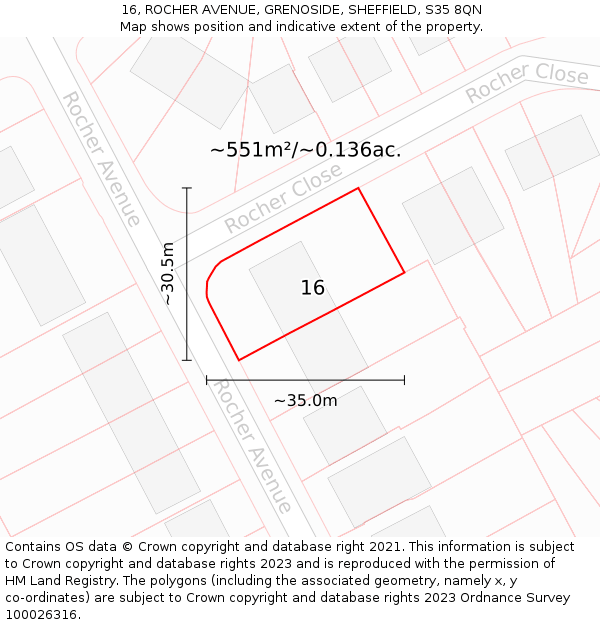 16, ROCHER AVENUE, GRENOSIDE, SHEFFIELD, S35 8QN: Plot and title map