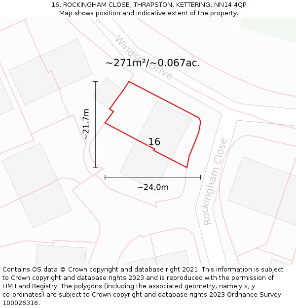 16, ROCKINGHAM CLOSE, THRAPSTON, KETTERING, NN14 4QP: Plot and title map