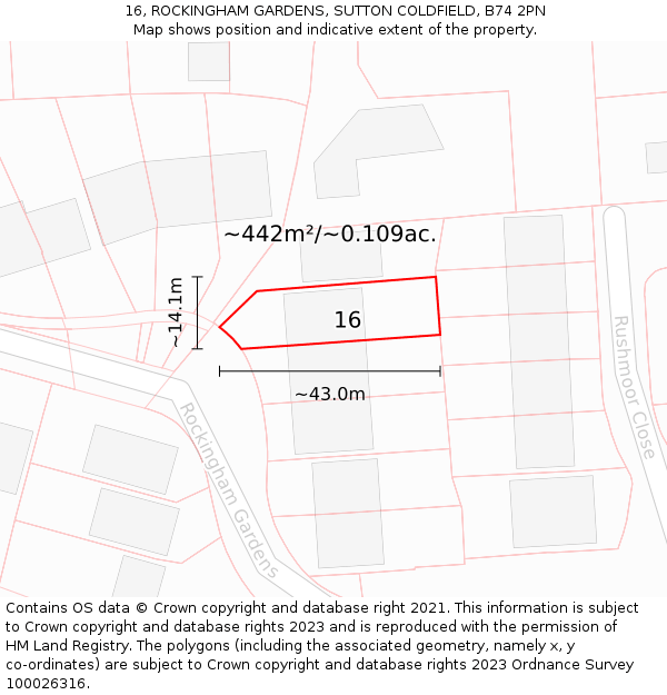 16, ROCKINGHAM GARDENS, SUTTON COLDFIELD, B74 2PN: Plot and title map