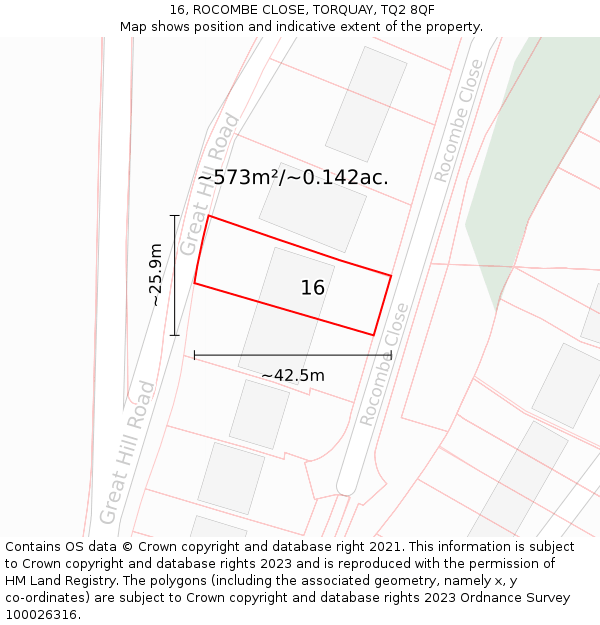 16, ROCOMBE CLOSE, TORQUAY, TQ2 8QF: Plot and title map