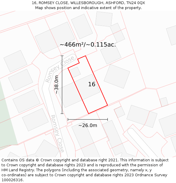 16, ROMSEY CLOSE, WILLESBOROUGH, ASHFORD, TN24 0QX: Plot and title map