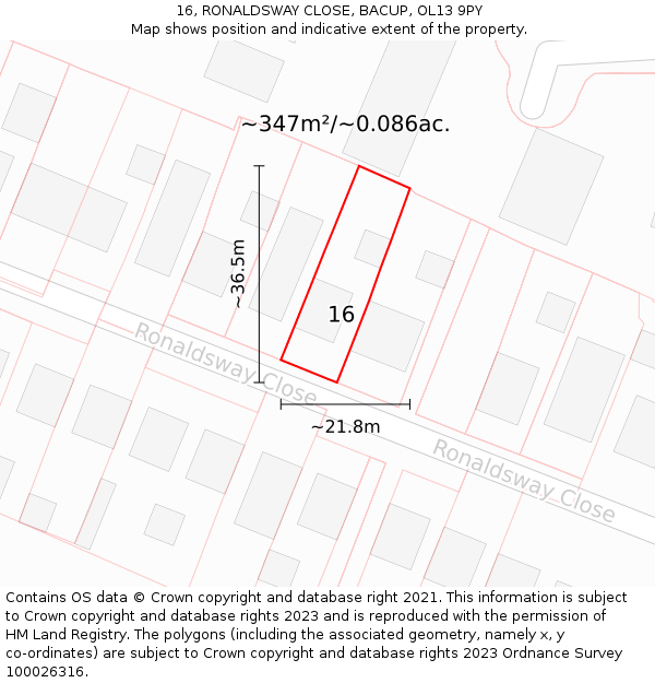 16, RONALDSWAY CLOSE, BACUP, OL13 9PY: Plot and title map