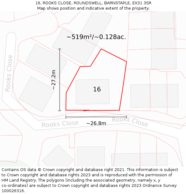 16, ROOKS CLOSE, ROUNDSWELL, BARNSTAPLE, EX31 3SR: Plot and title map