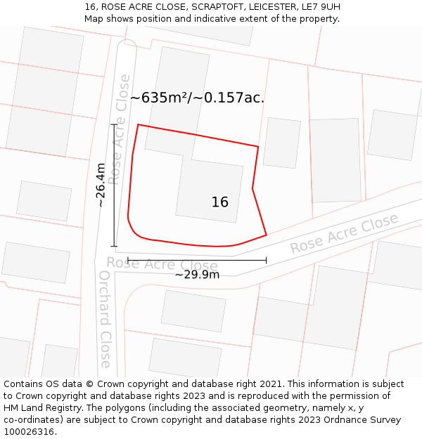 16, ROSE ACRE CLOSE, SCRAPTOFT, LEICESTER, LE7 9UH: Plot and title map