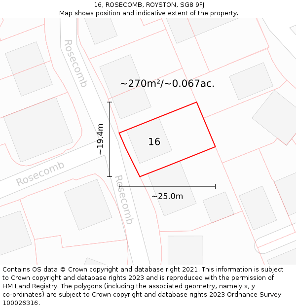 16, ROSECOMB, ROYSTON, SG8 9FJ: Plot and title map