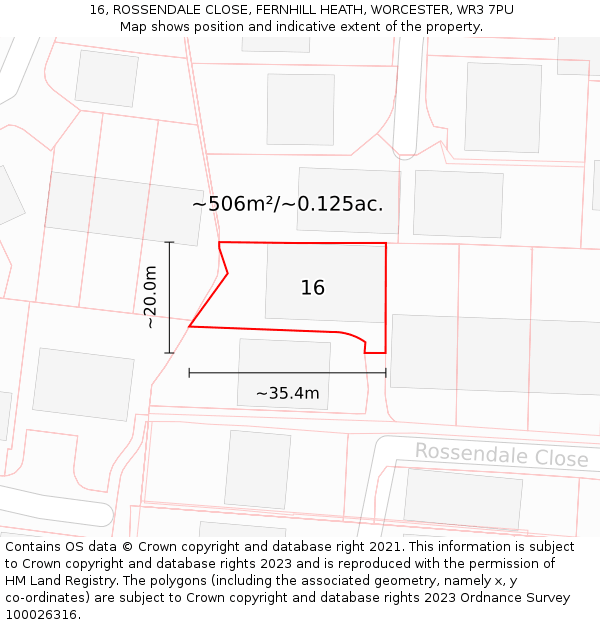 16, ROSSENDALE CLOSE, FERNHILL HEATH, WORCESTER, WR3 7PU: Plot and title map